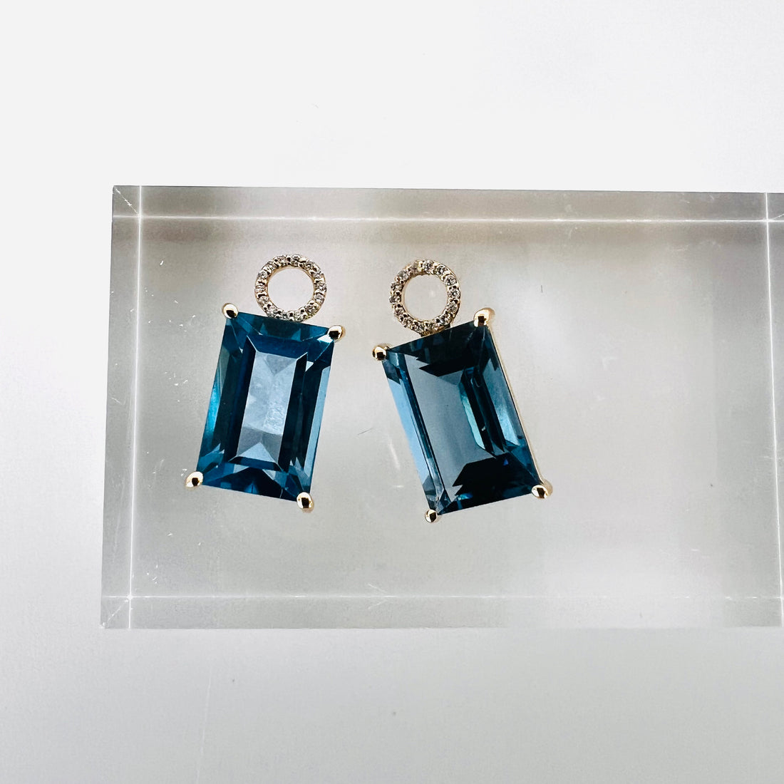 14k london blue topaz emerald cut earring charms with diamond circles