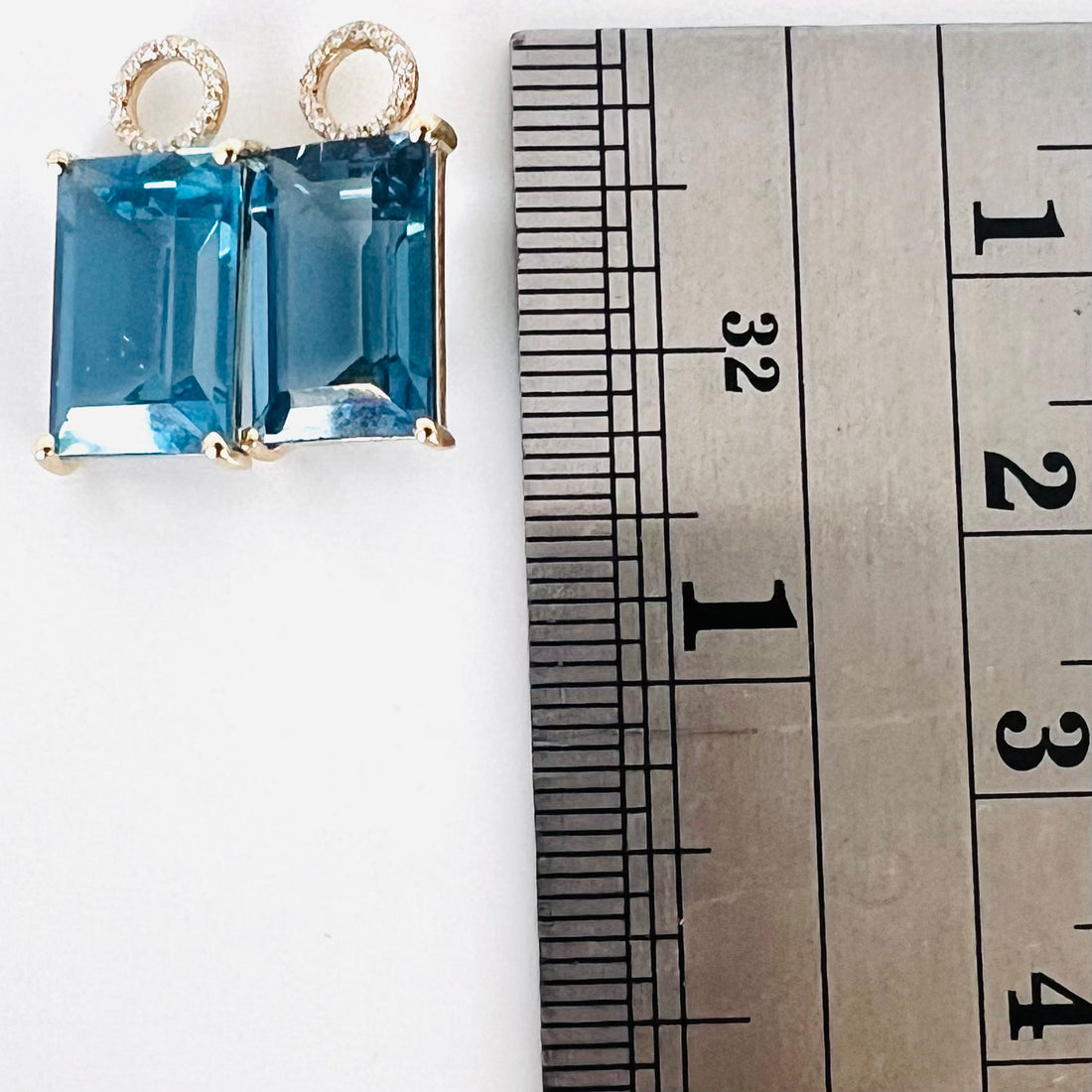 14k london blue topaz emerald cut earring charms with diamond circles