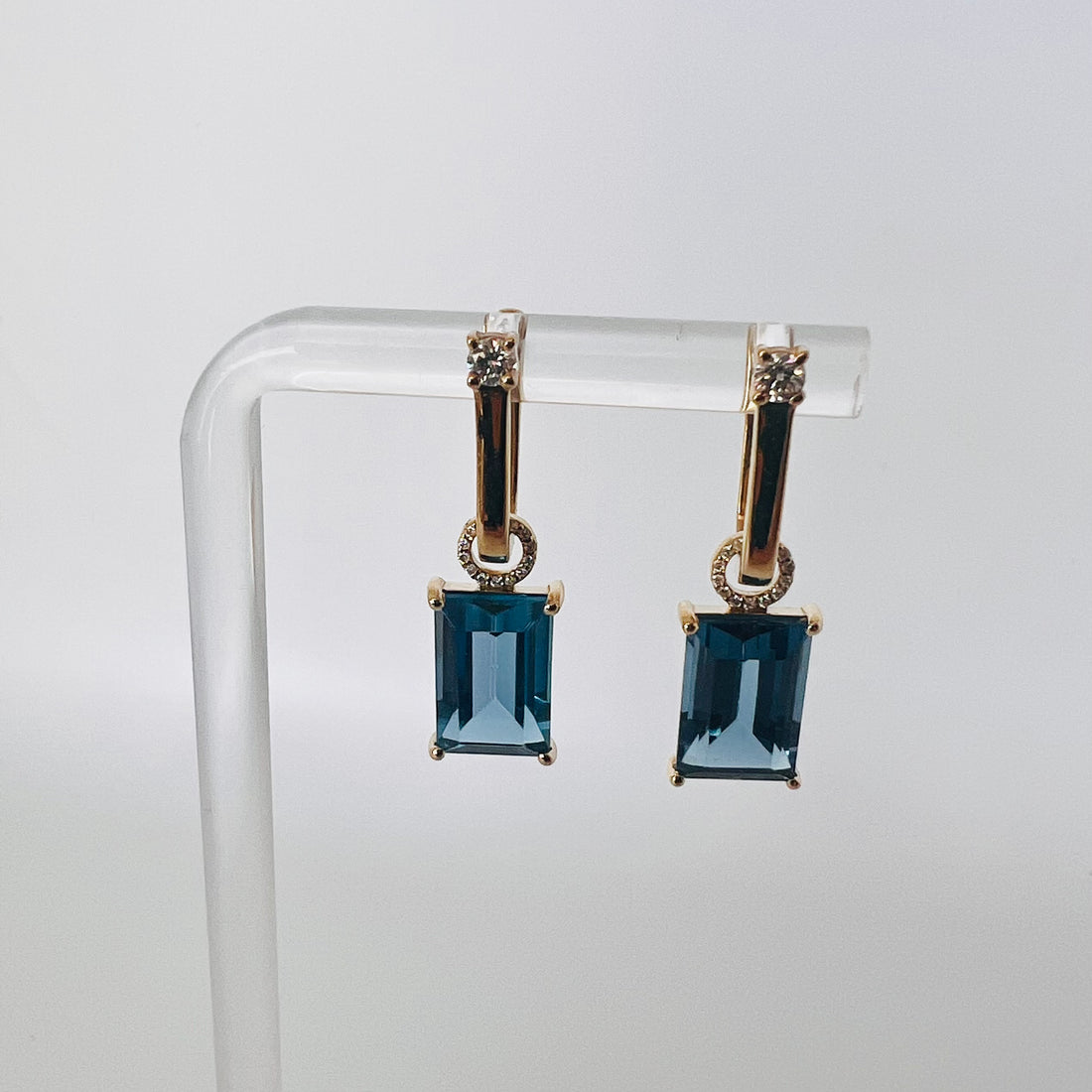 14k london blue topaz emerald cut earring charms with diamond circles