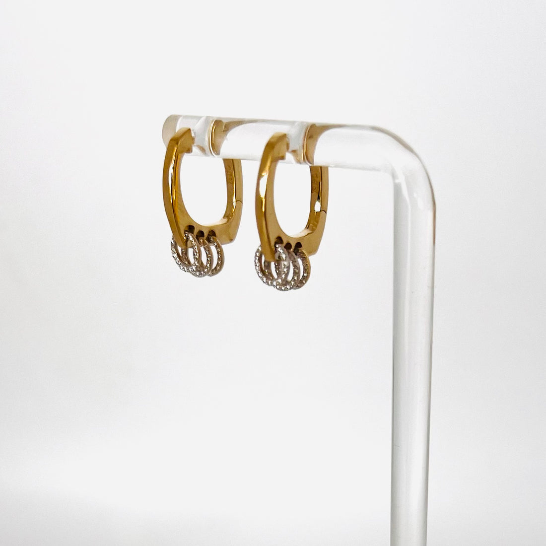 14k gold hoops with three diamond circles