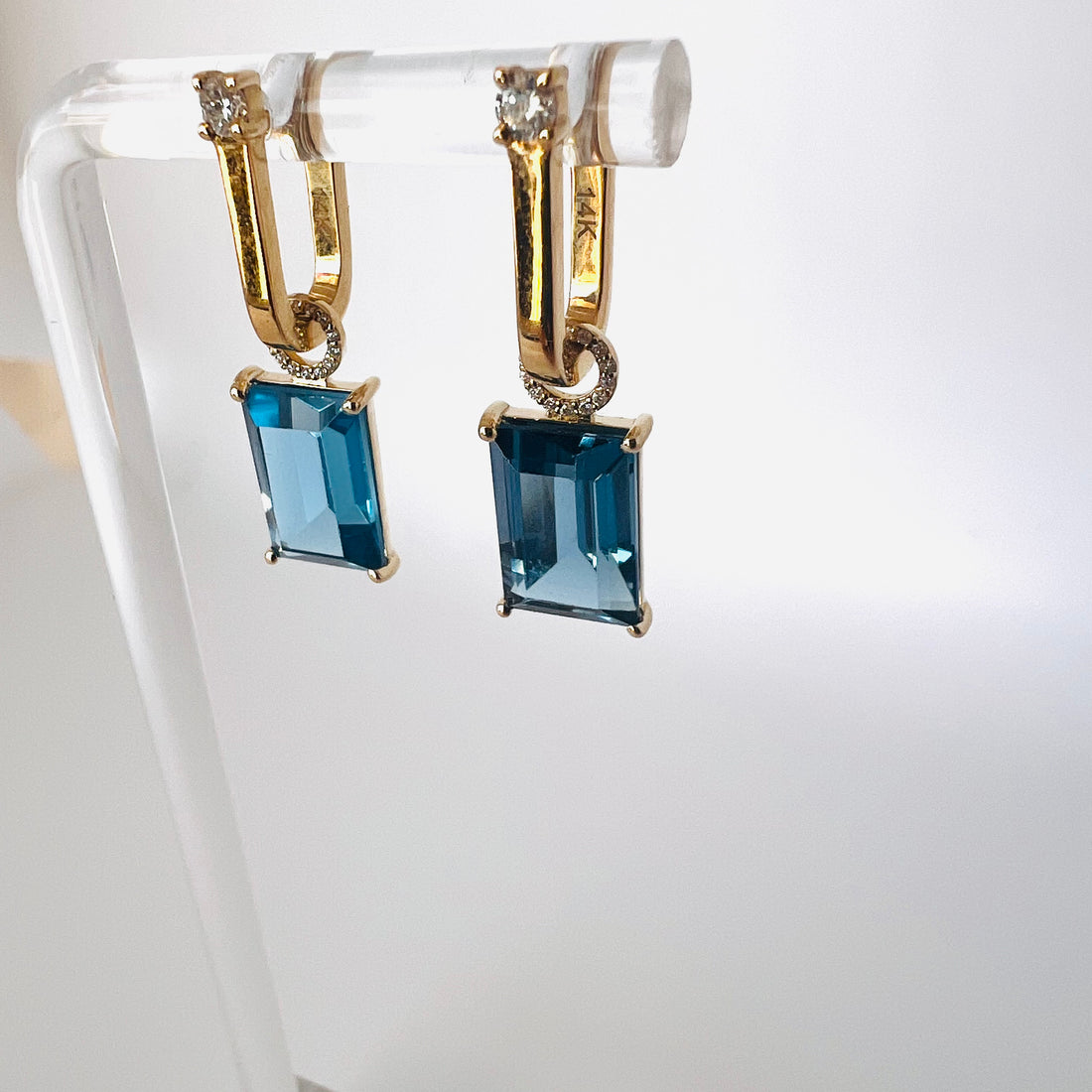 14k london blue topaz emerald cut earring charms with diamond circles