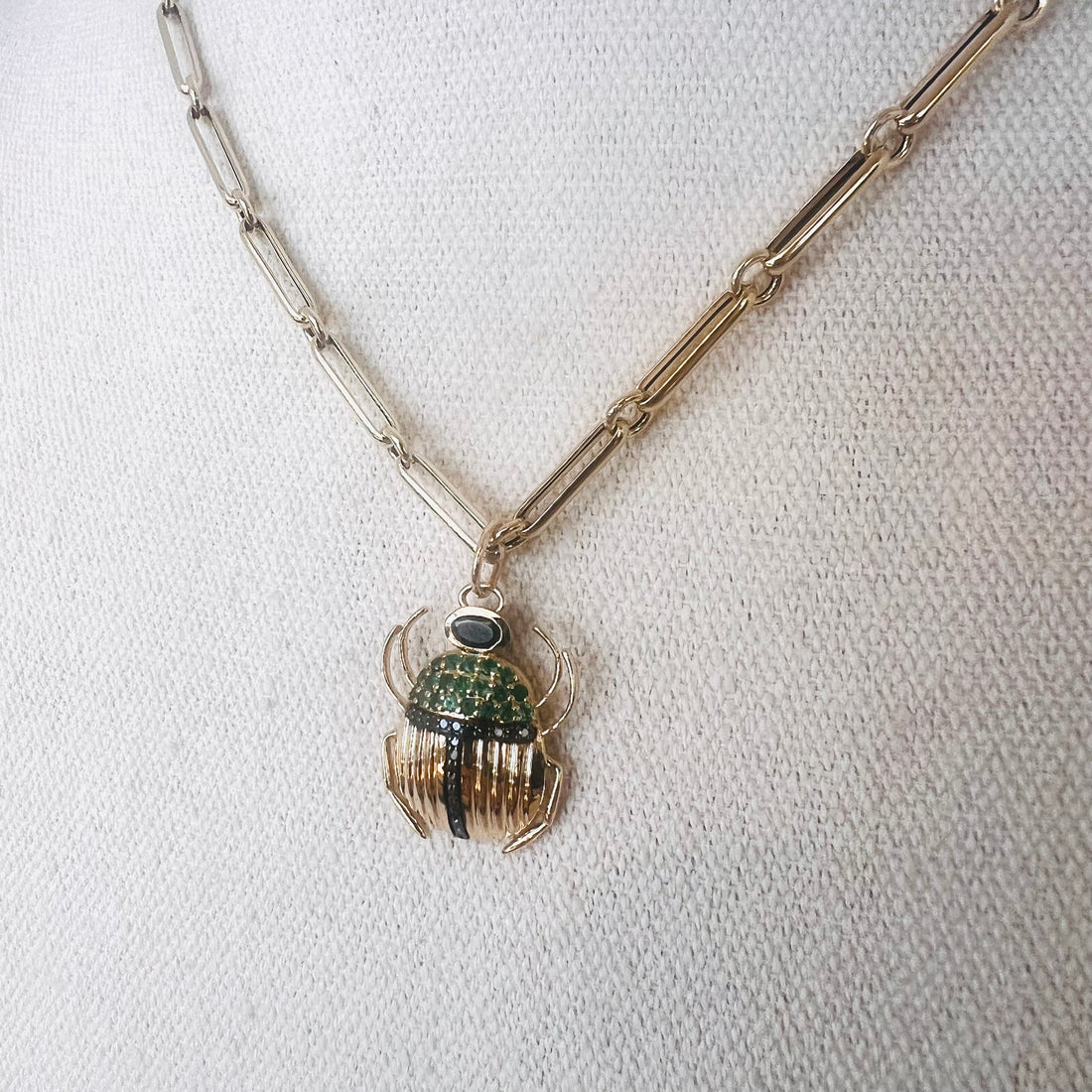 14k black diamond emerald beetle pendant