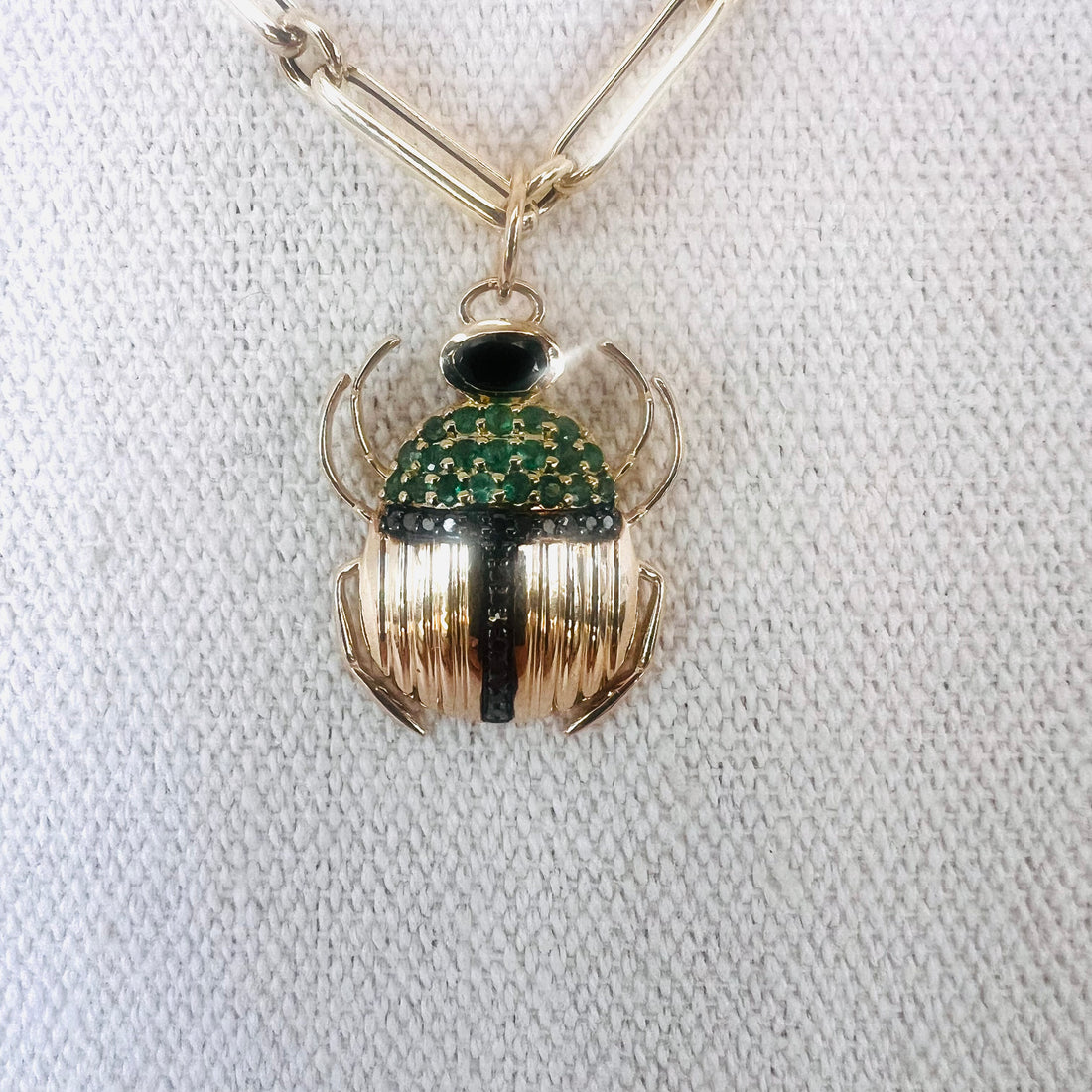 14k black diamond emerald beetle pendant