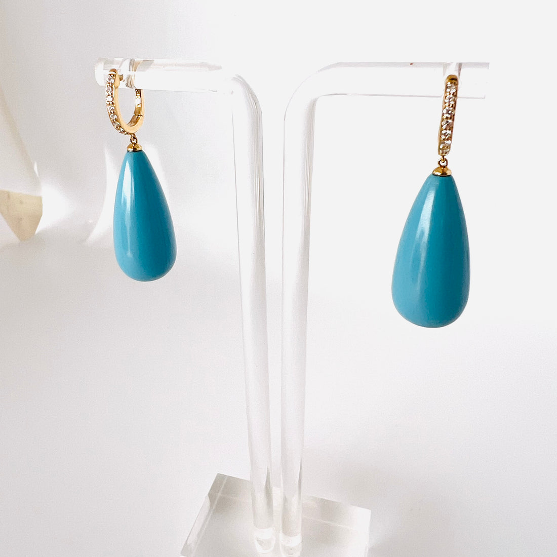 14k gold diamond huggie turquoise drops