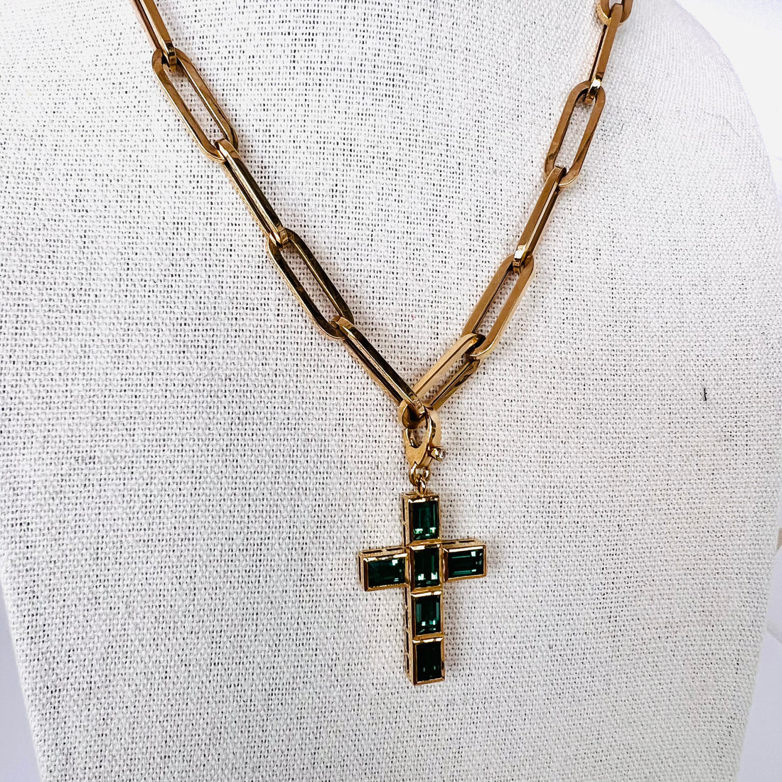 Gorgeous 14k and tourmaline cross pendant with single diamond enhancer bail