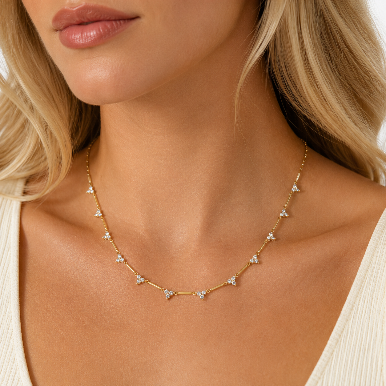 14K gold diamond station bar necklace, close-up detail