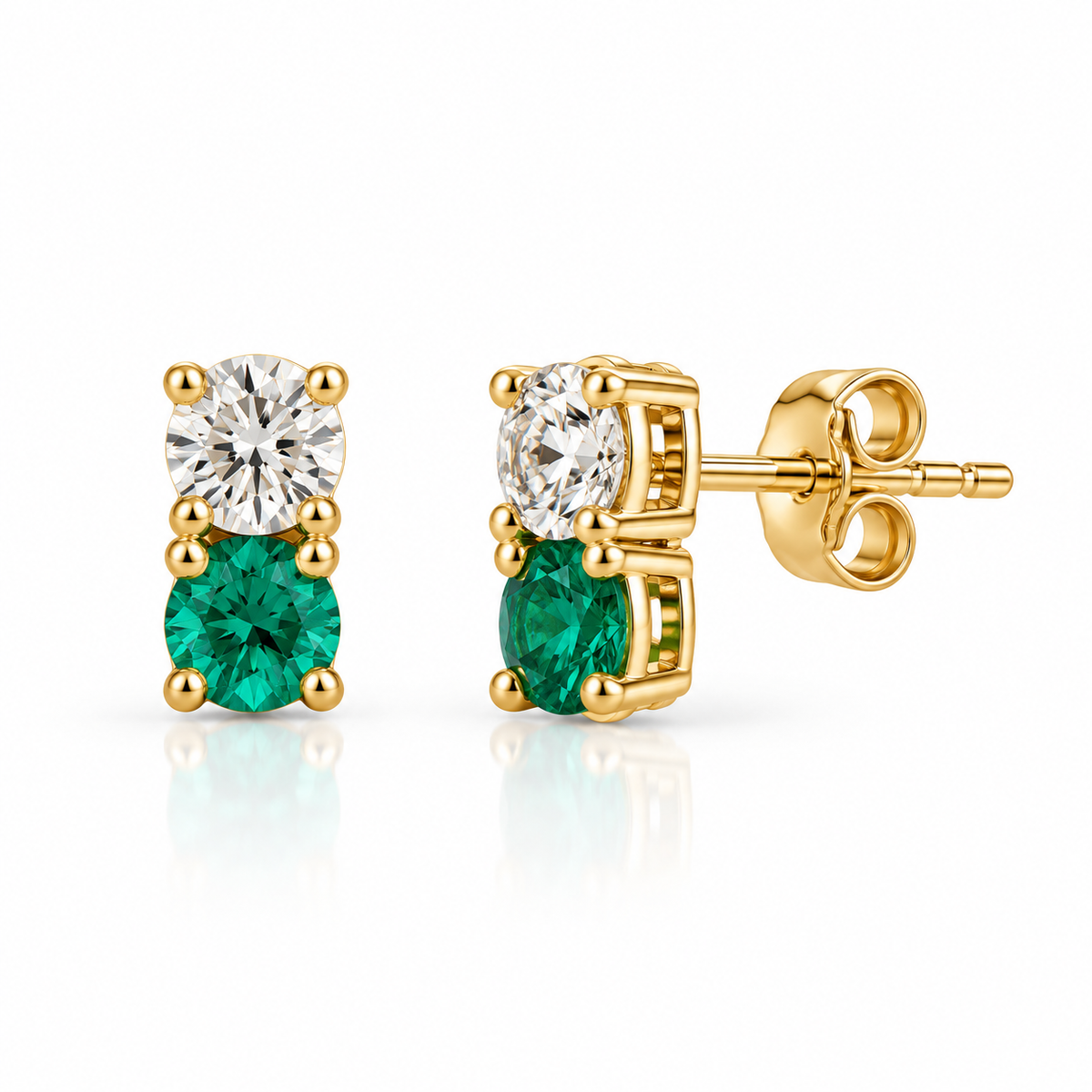 14K Gold Diamond & Emerald Stud Earrings, .22ctw/.18ctw