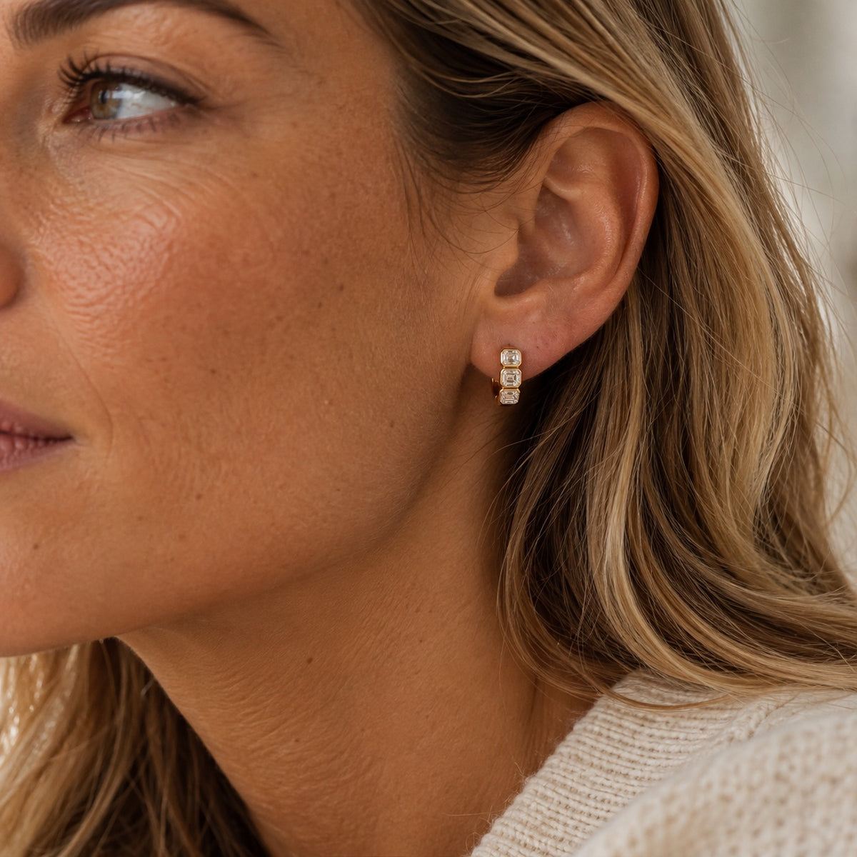 14K Gold Emerald-Cut Diamond Bezel Huggie Earrings