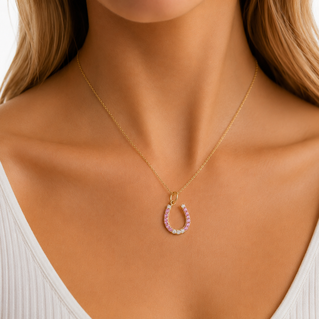 14K gold pink sapphire diamond horseshoe pendant, close-up detail