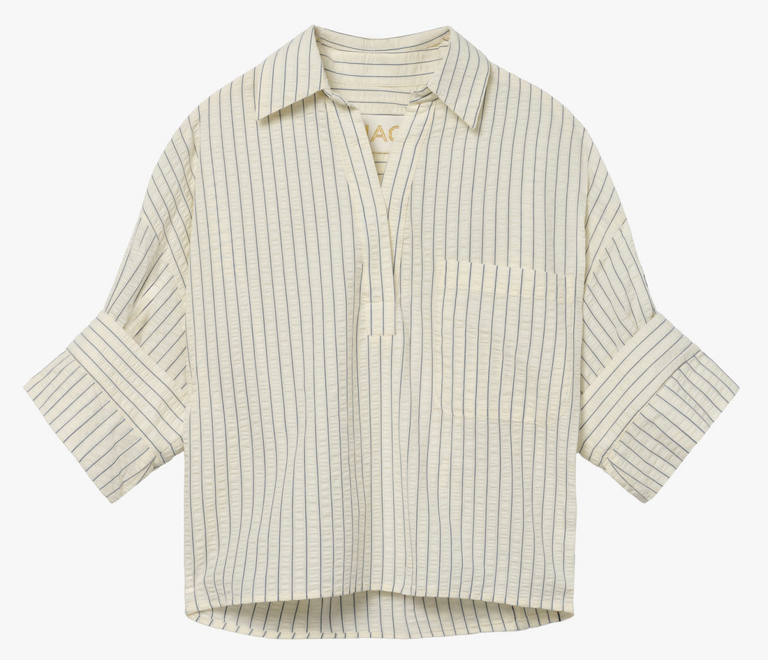 the ROSE top in blue/white stripe seersucker Italian cotton