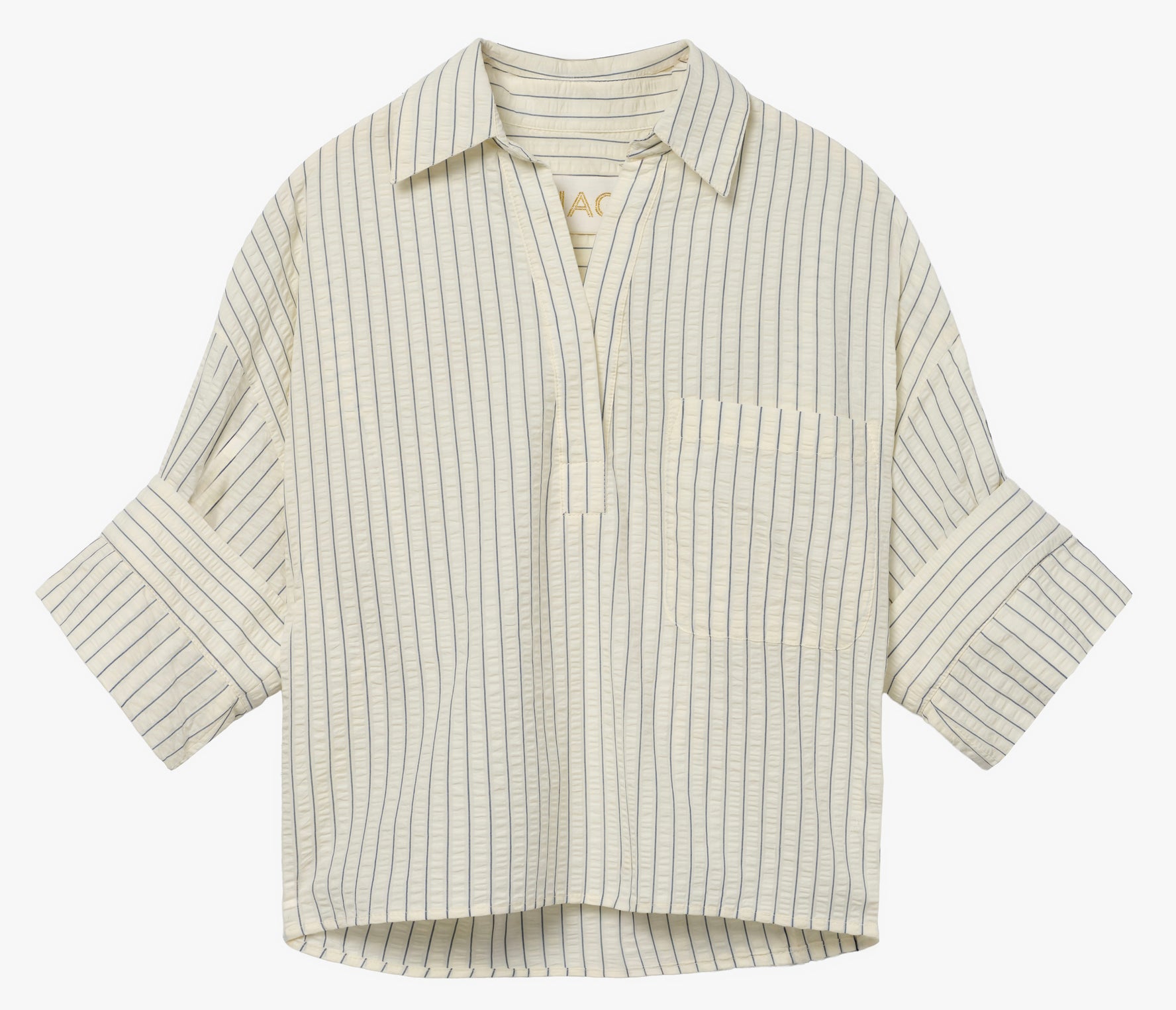 the ROSE top in blue/white stripe seersucker Italian cotton