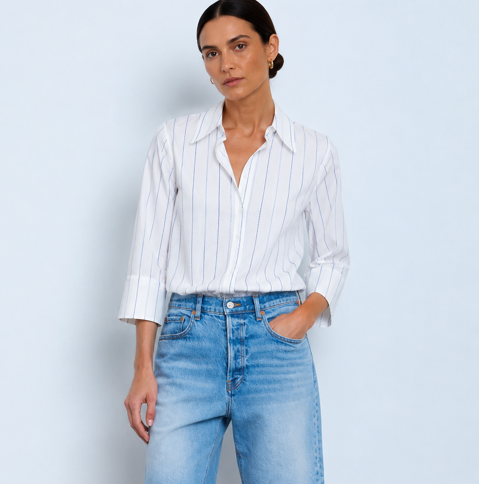 The HATTIE Top in Vertical Blue Embroidery