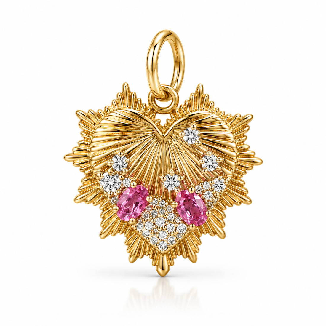 14K Gold Diamond & Pink Sapphire Sunburst Heart Pendant