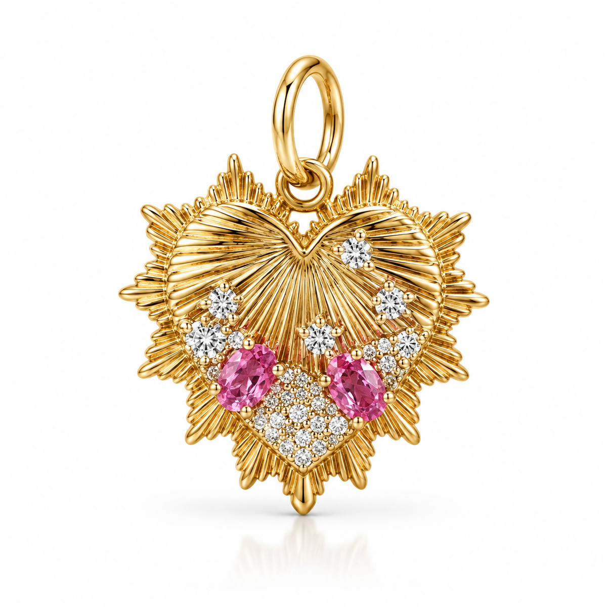 14K Gold Diamond & Pink Sapphire Sunburst Heart Pendant