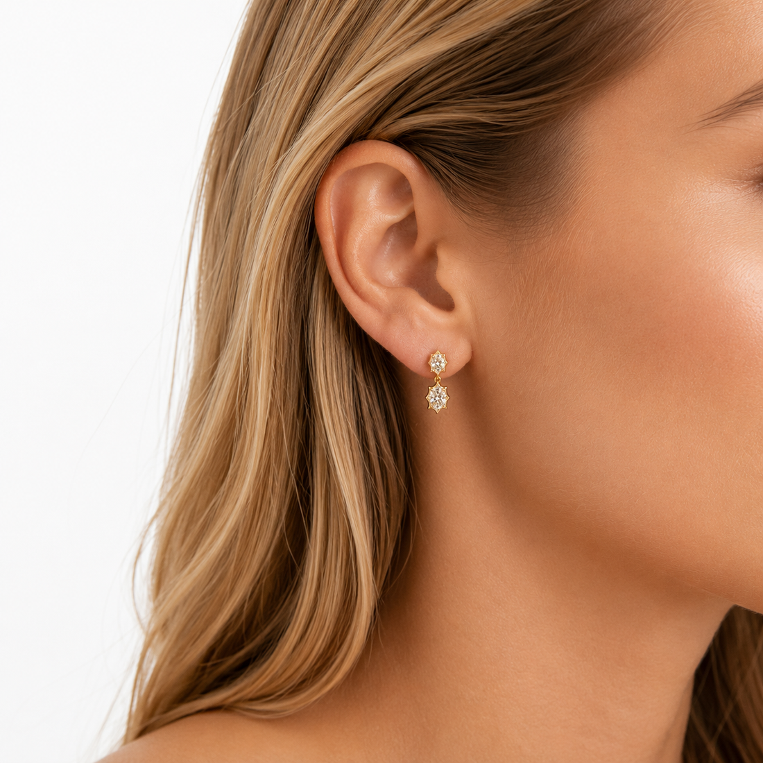 Marquise Diamond Double Drop Stud Earrings in 14K Yellow Gold