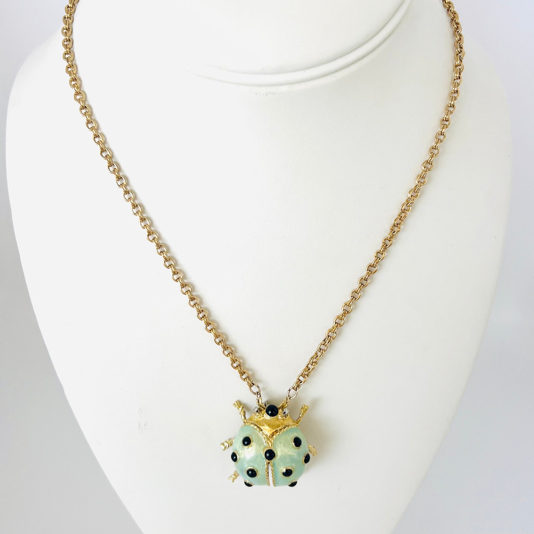 18k gold -filled chain necklace with vintage mint green enamel/diamond eye lady bug pendant