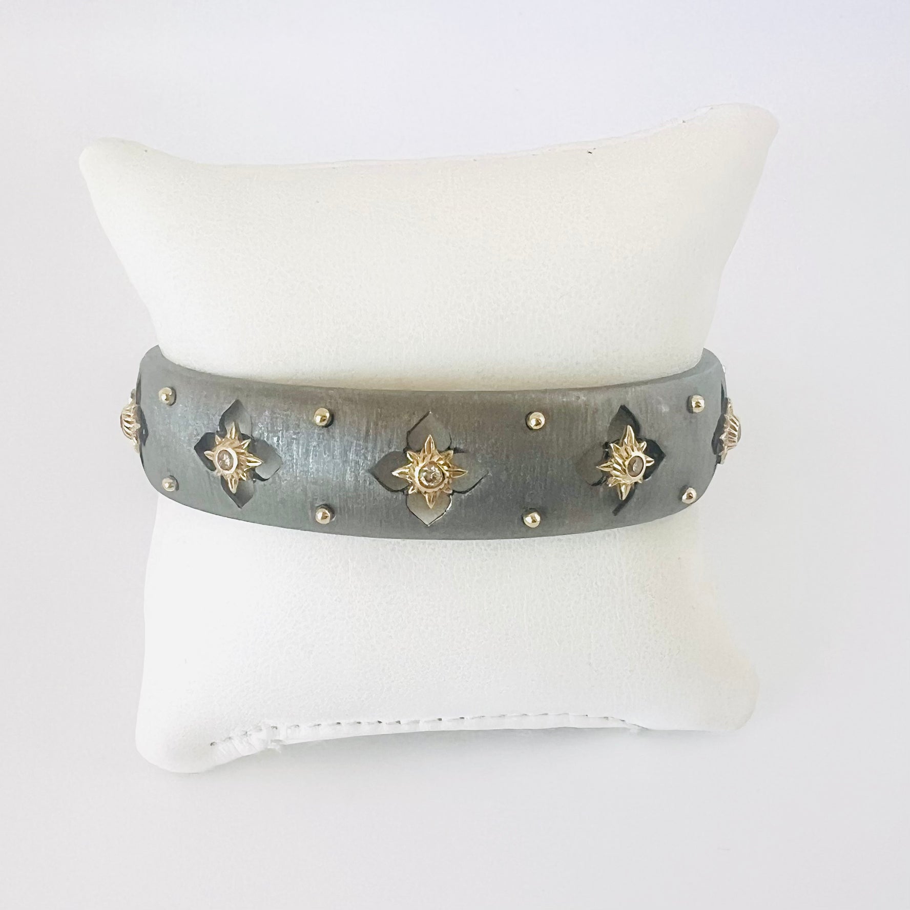 Brushed Sterling cuff bracelet with 14k gold and diamonds