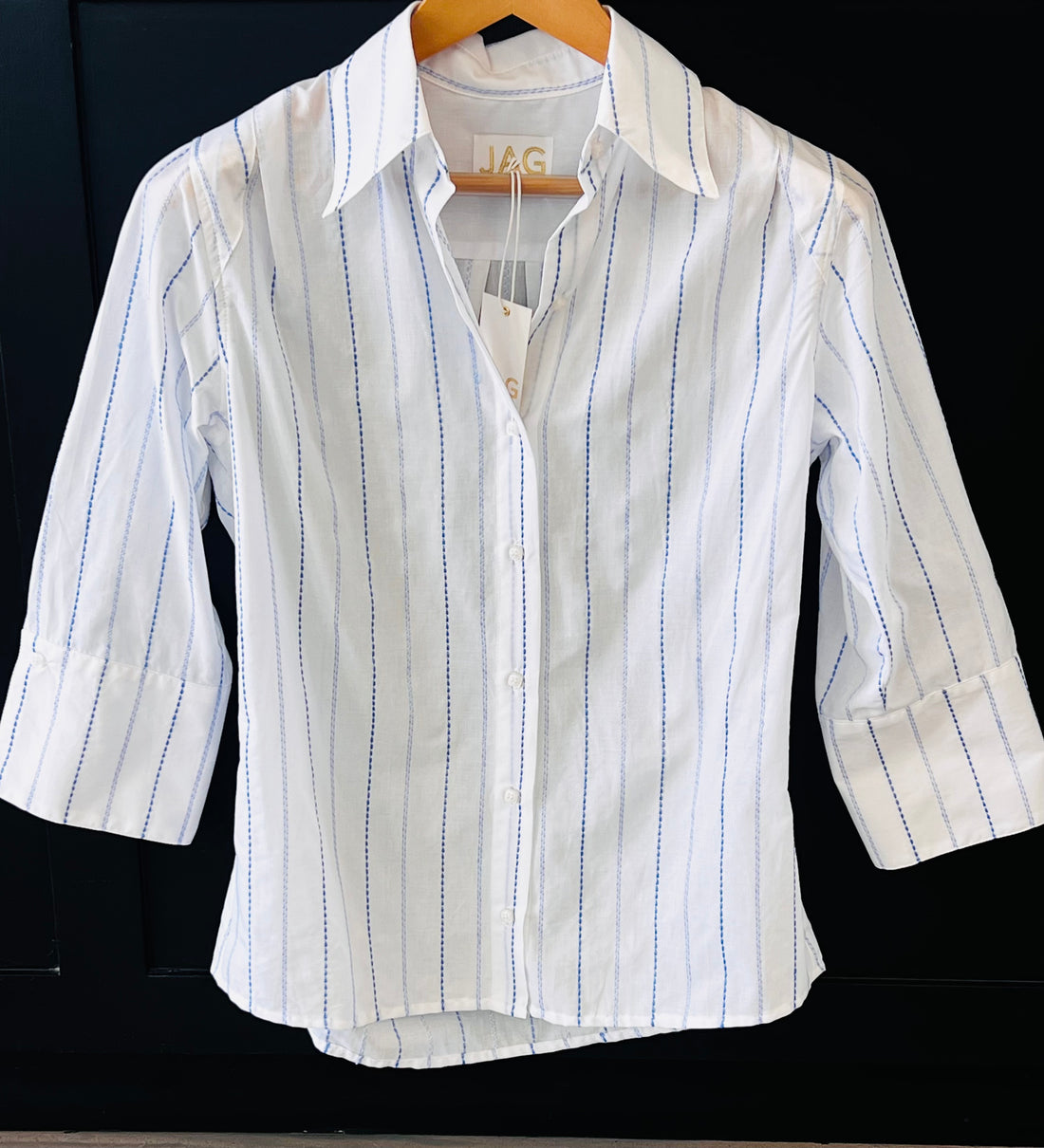 the HATTIE top in vertical blue embroidery