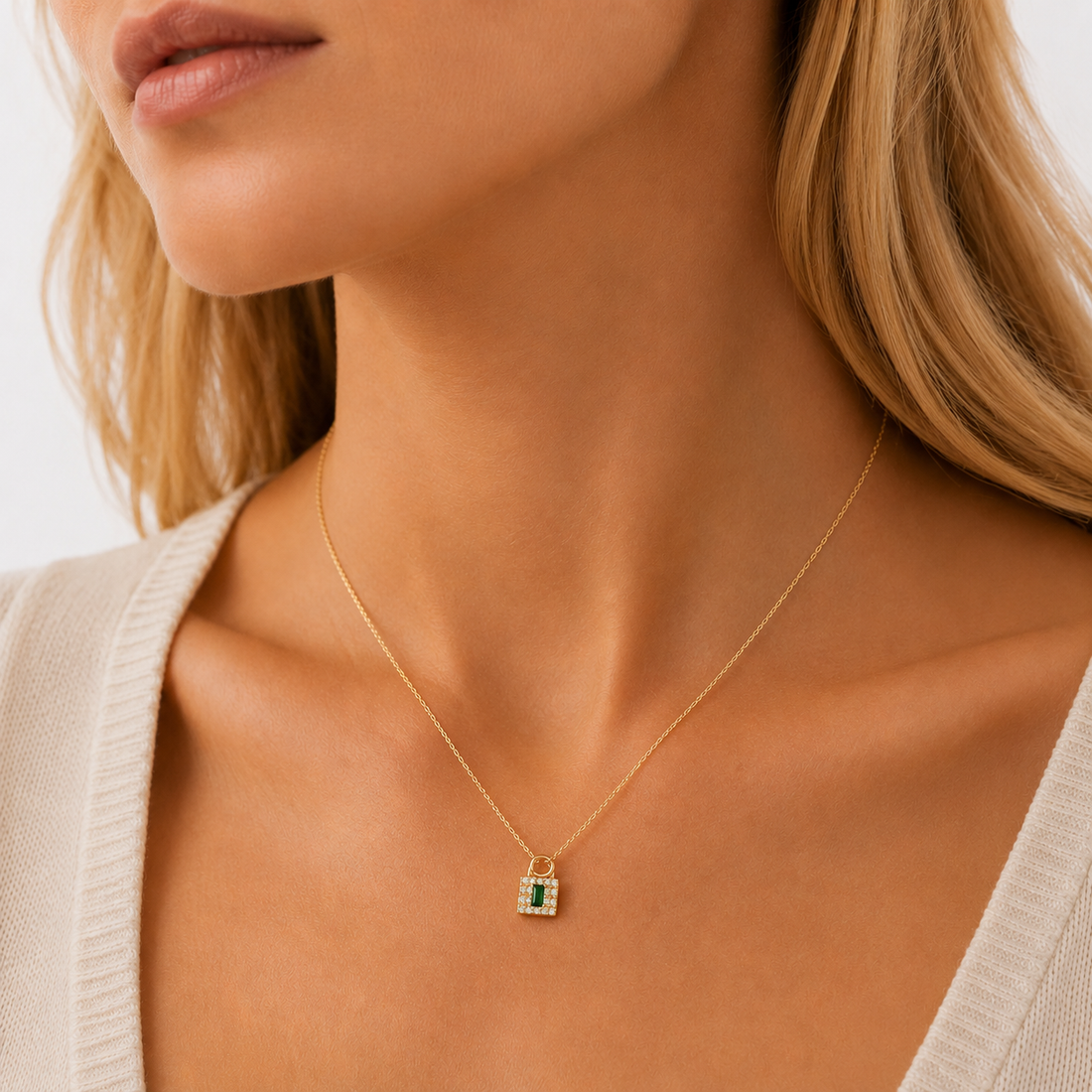 14K Gold Diamond & Emerald Lock Charm/Pendant