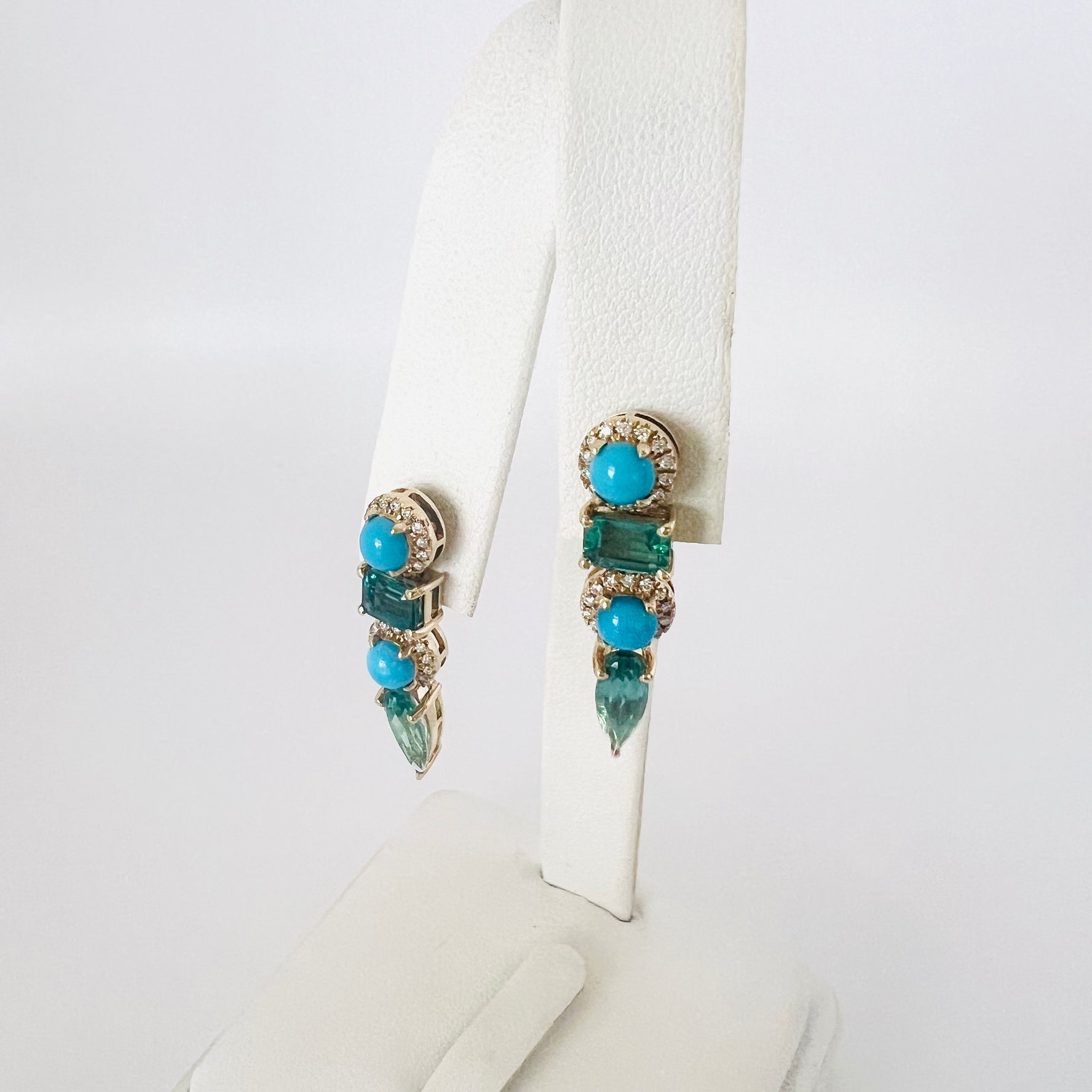14k diamond tourmaline turquoise mixed shape drop earrings