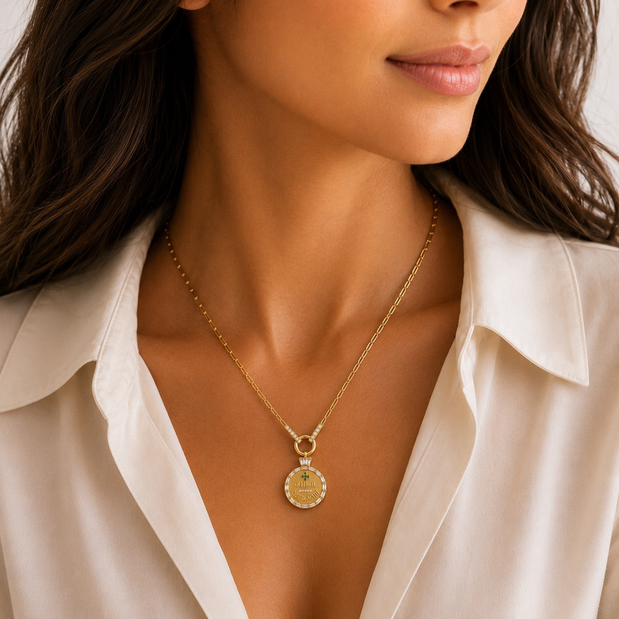 14K Gold Baguette Diamond and Emerald Coin Pendant
