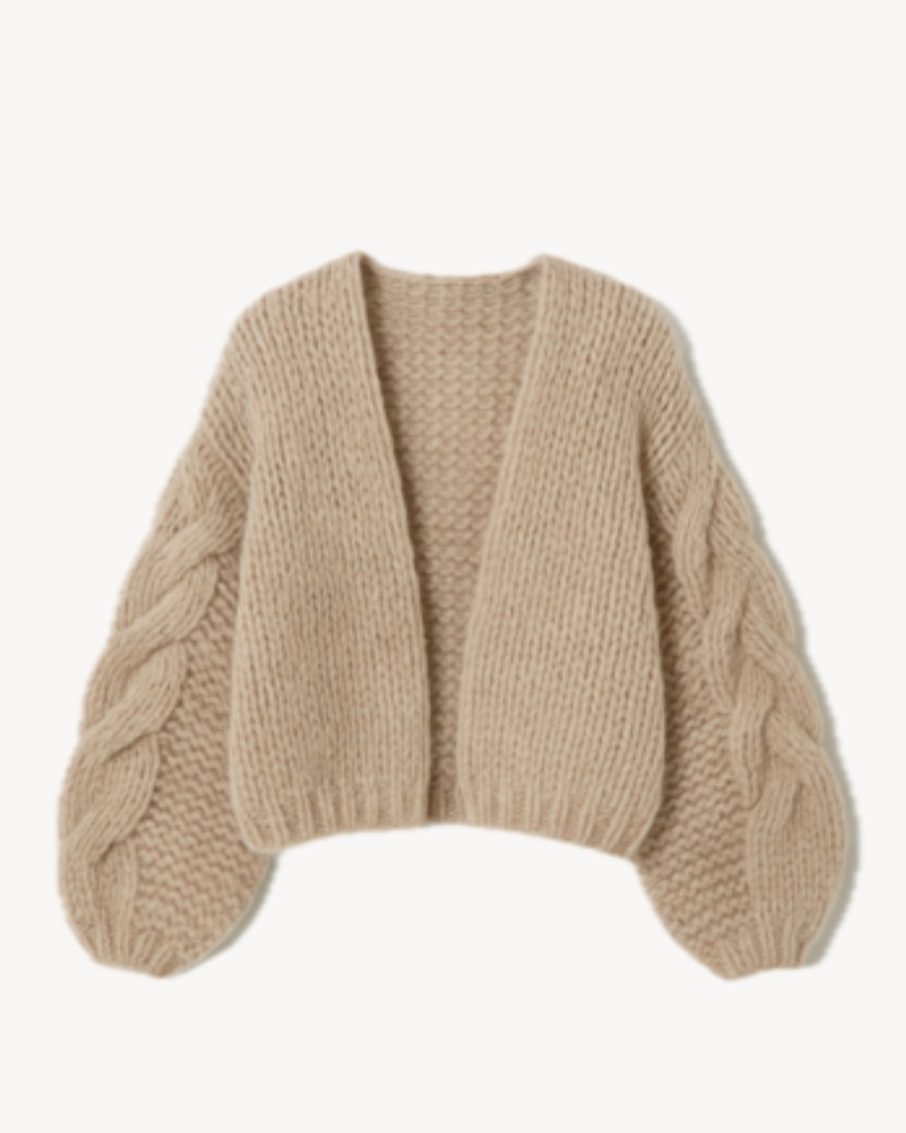 Fleecy alpaca cable bomber cardigan in beige
