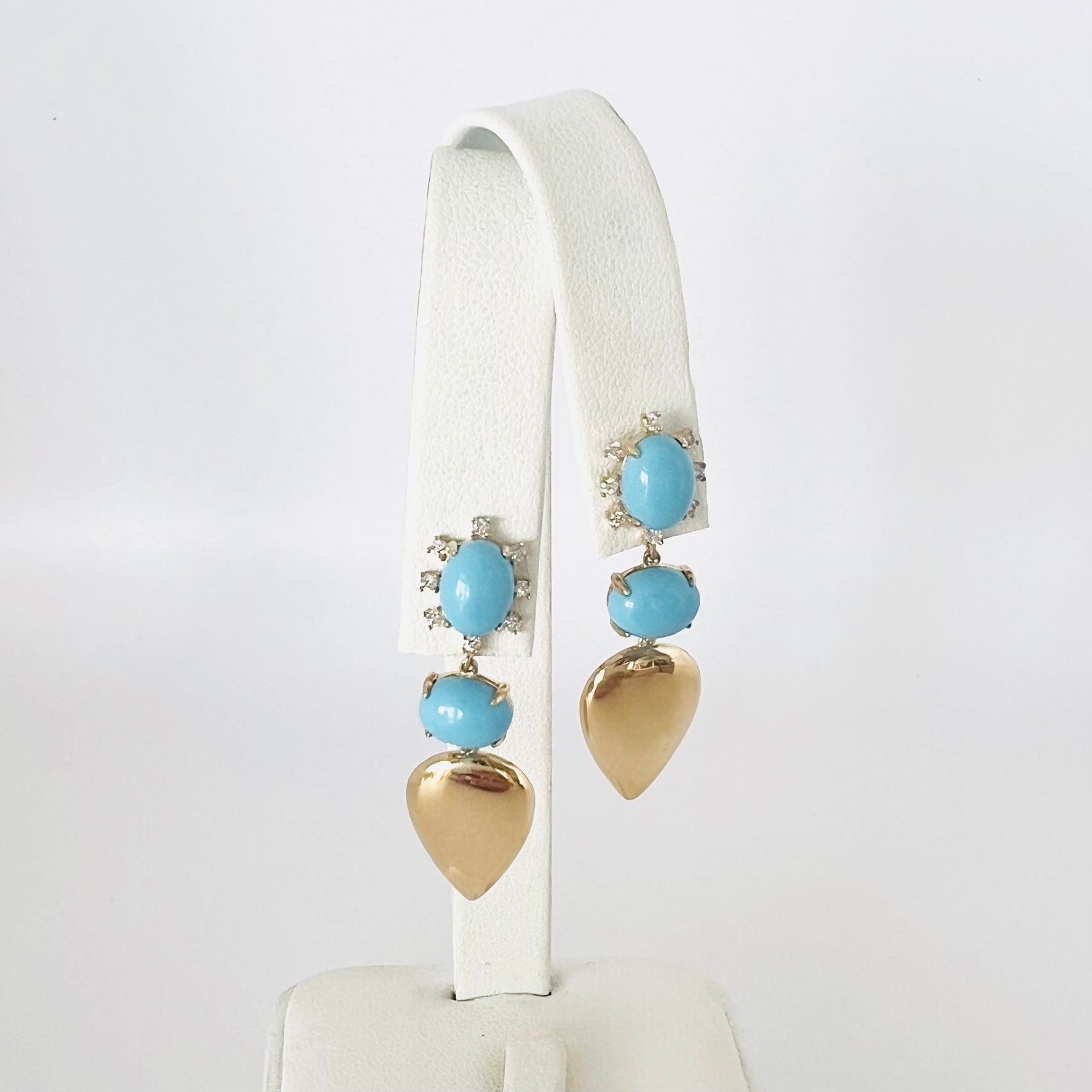14k gold diamond and turquoise mixed shape drop earrings