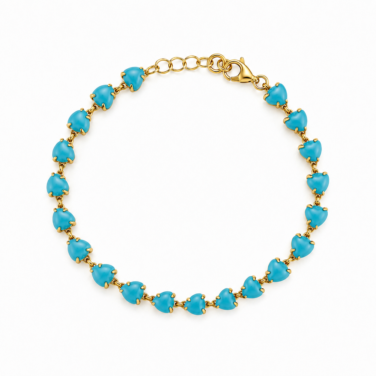 14K gold heart-shaped turquoise bracelet in polished yellow gold