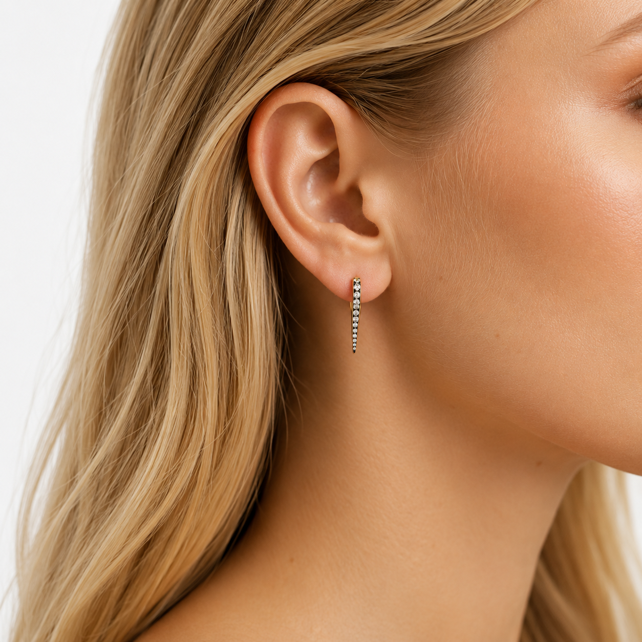 14K gold diamond spike hoop earrings, close-up detail