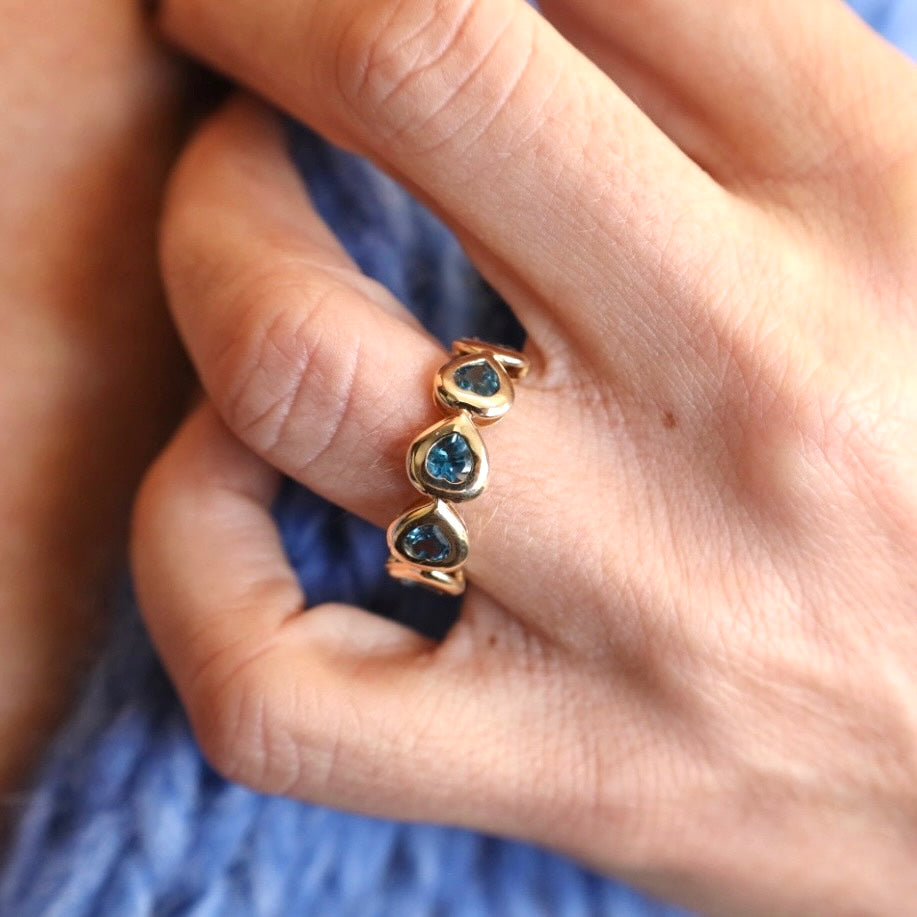 14k gold with london blue topaz heart pattern band ring