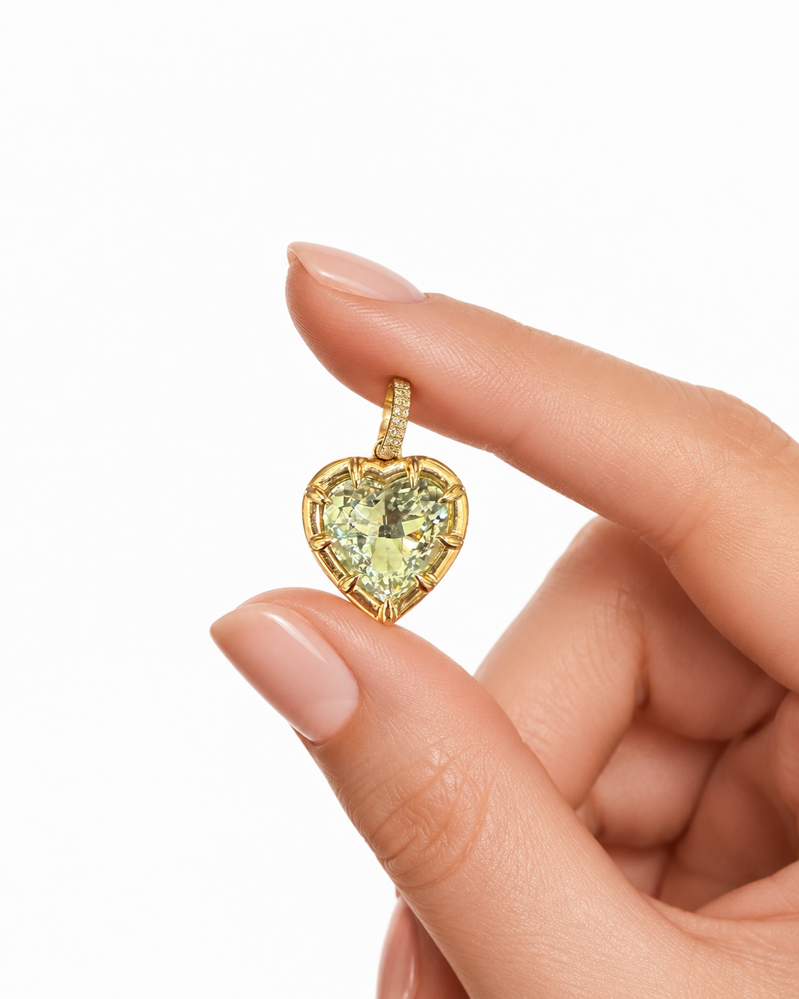 14k gold green amethyst heart charm with diamond pavé clasp bail
