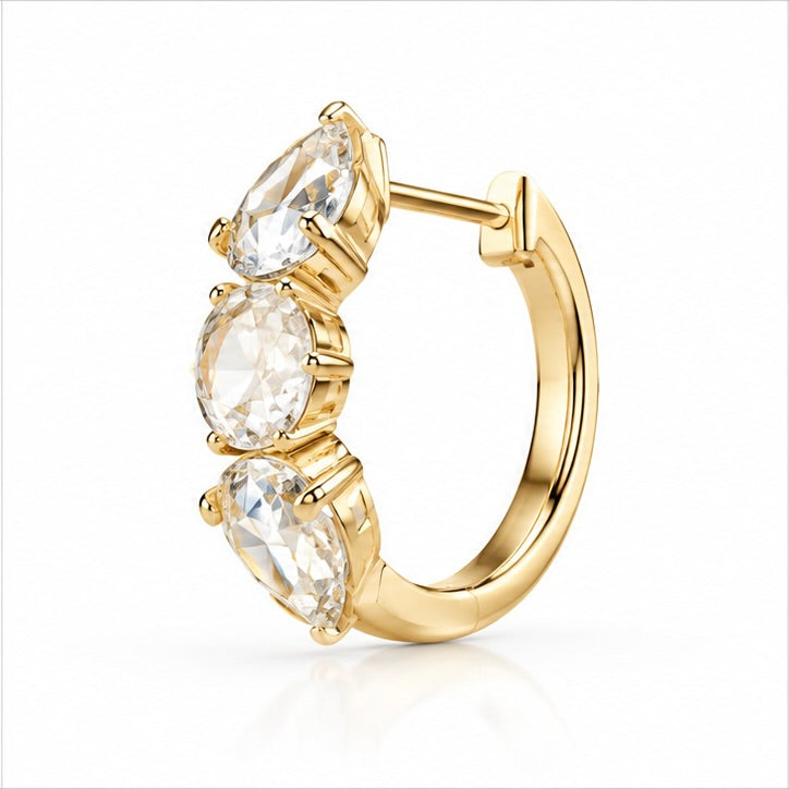 14K Gold Rose Cut Diamond Three-Stone Huggie Earrings, 3ctw