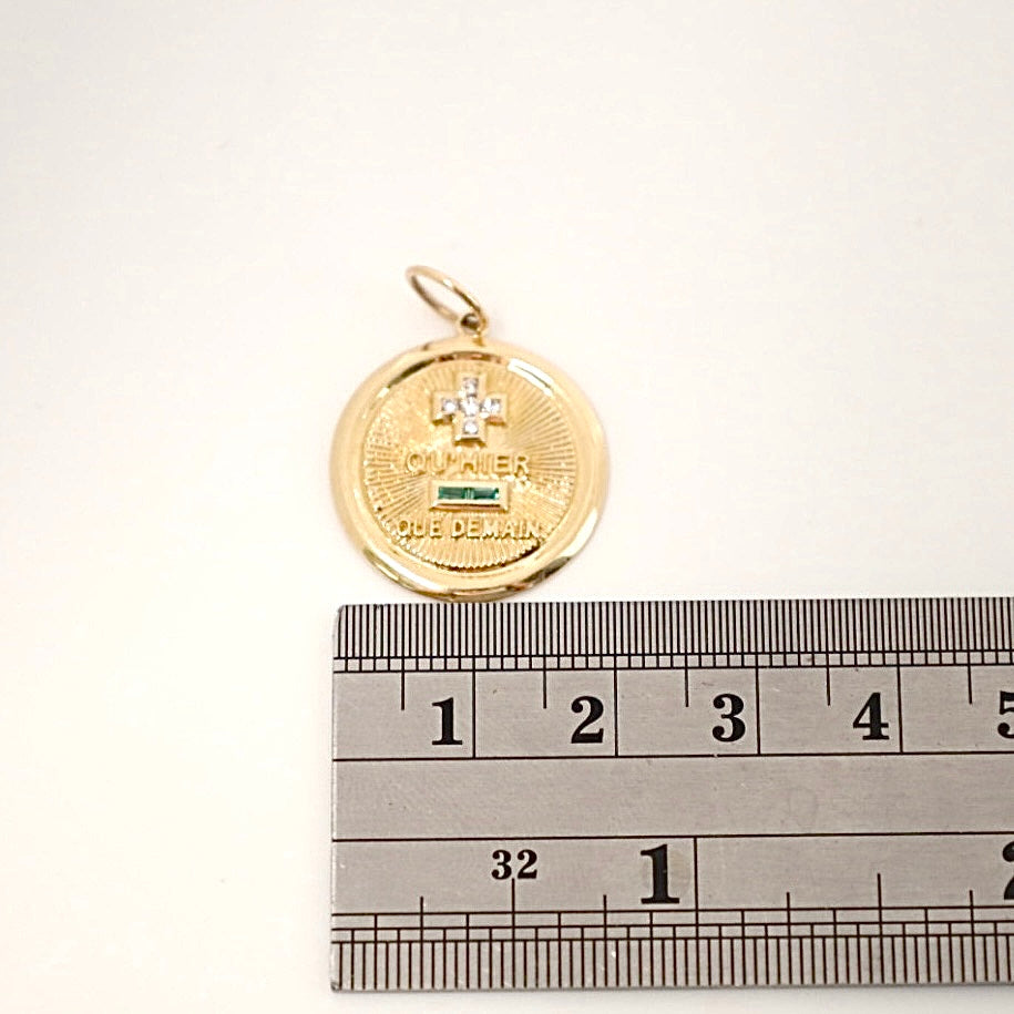 14k gold emerald and diamond Qu’ hier Que Demain pendant/charm