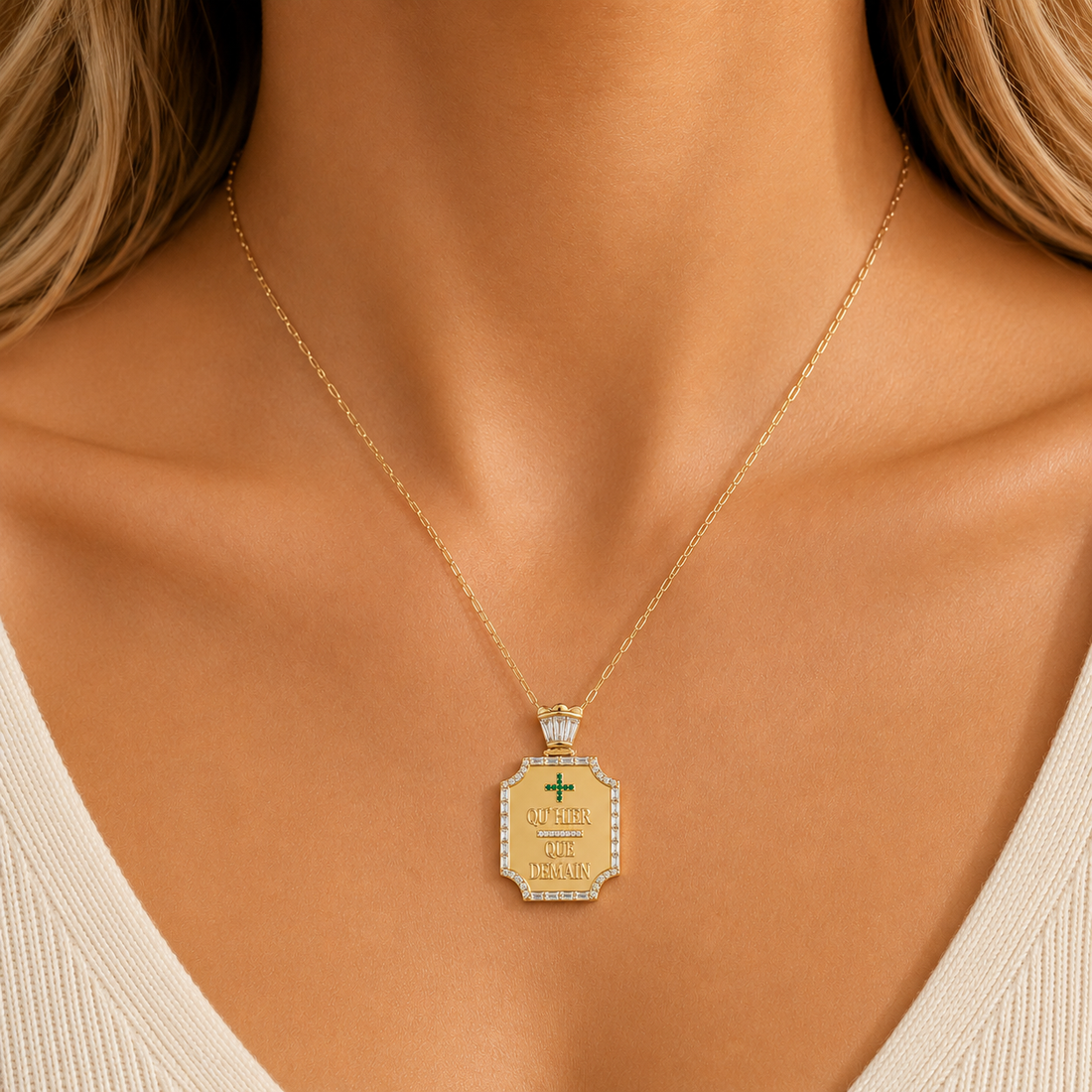 14K Gold Diamond & Emerald “Qu’Hier Que Demain” Pendant