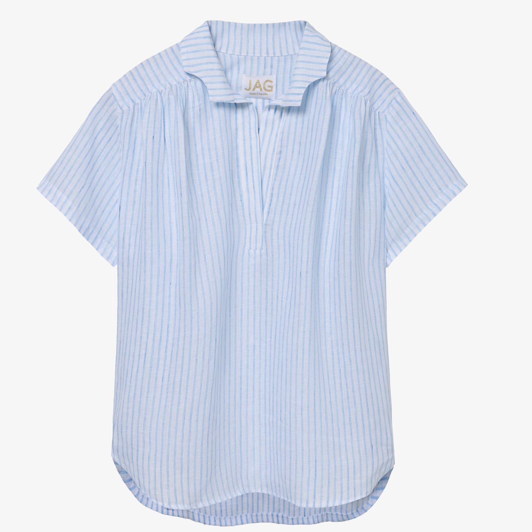 the ADDIE top in thin blue/cream stripe Italian cotton
