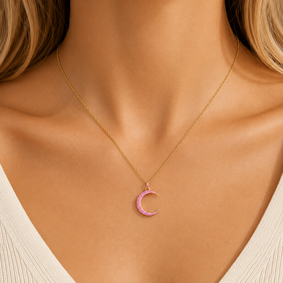 14K Gold Pink Sapphire Crescent Moon Pendant