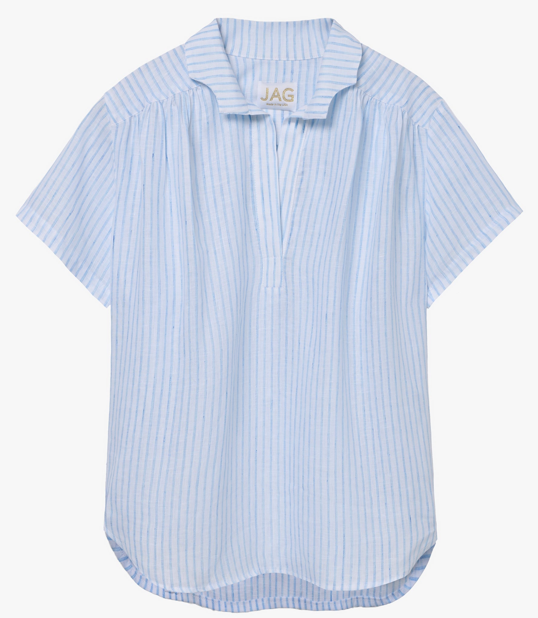 the ADDIE top in thin blue/cream stripe Italian cotton