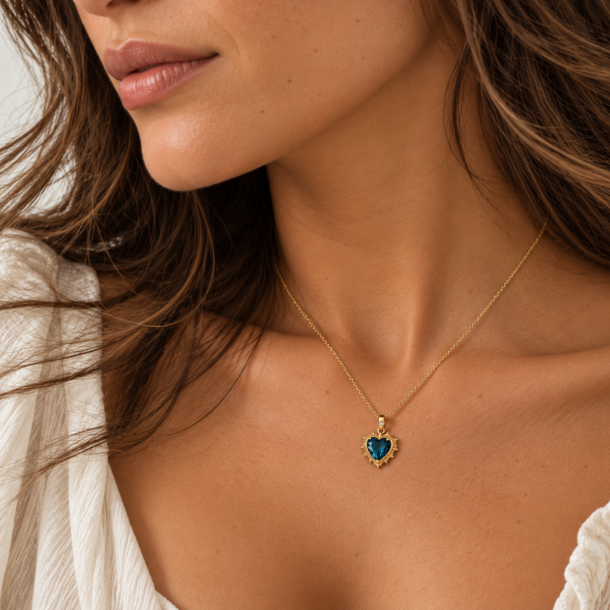 14K Gold London Blue Topaz Sunburst Heart Pendant