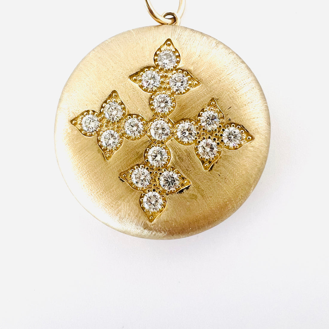 14k brushed gold and brilliant diamond circular locket pendant