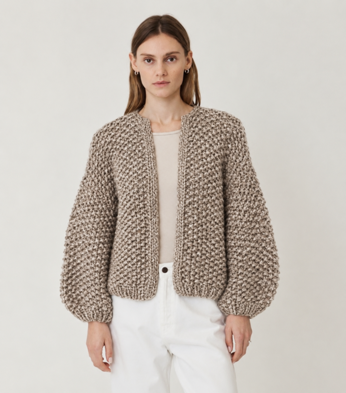 Maiami Chunky Alpaca Pearl Pattern Bomber Cardigan in Greige