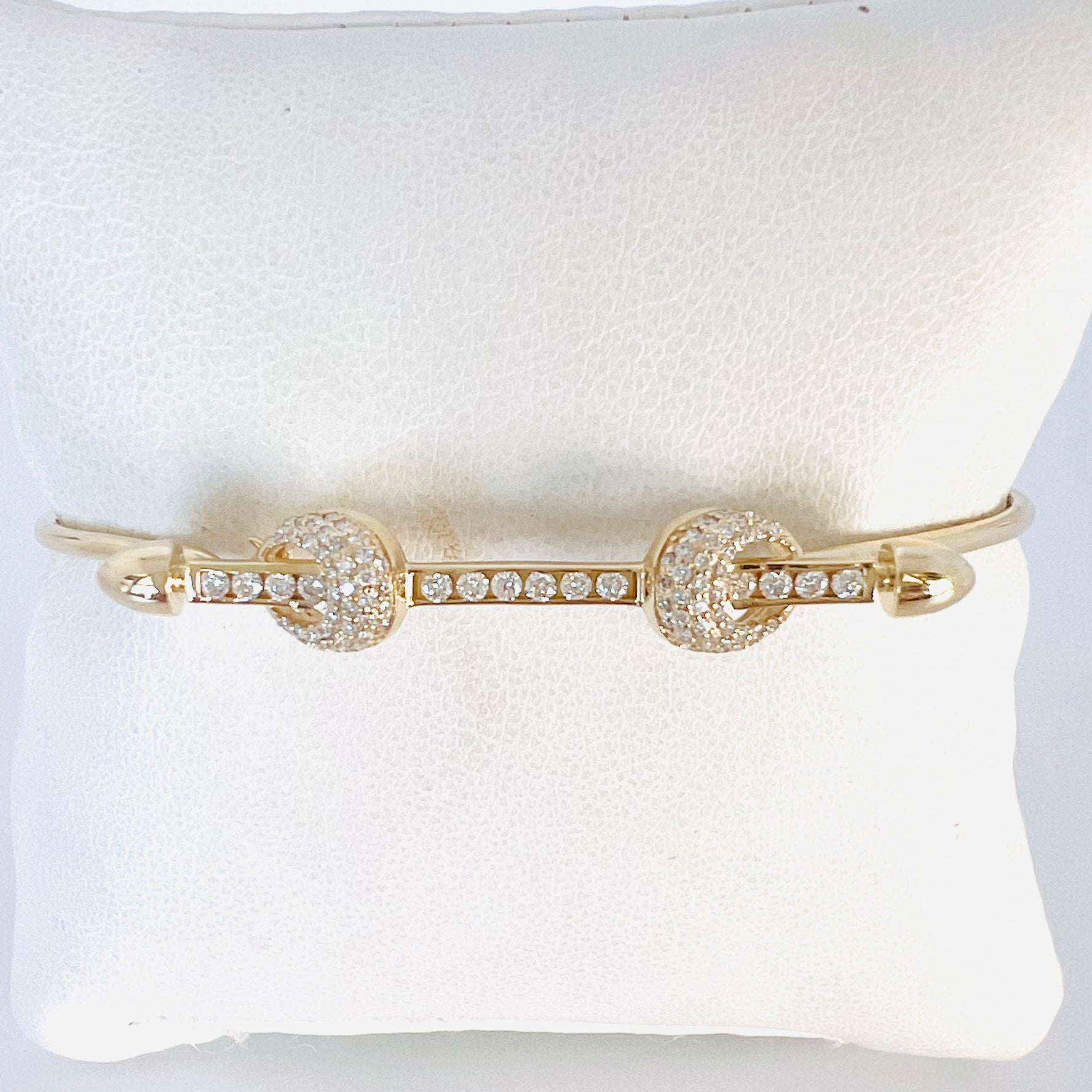 14k gold diamond bar wire bangle bracelet with two diamond knots