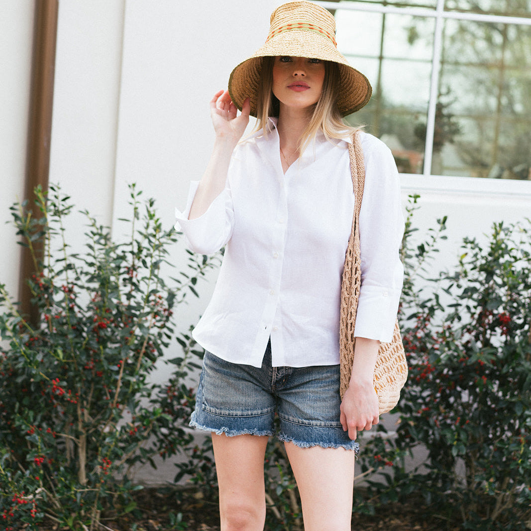 the HATTIE top in vertical blue embroidery