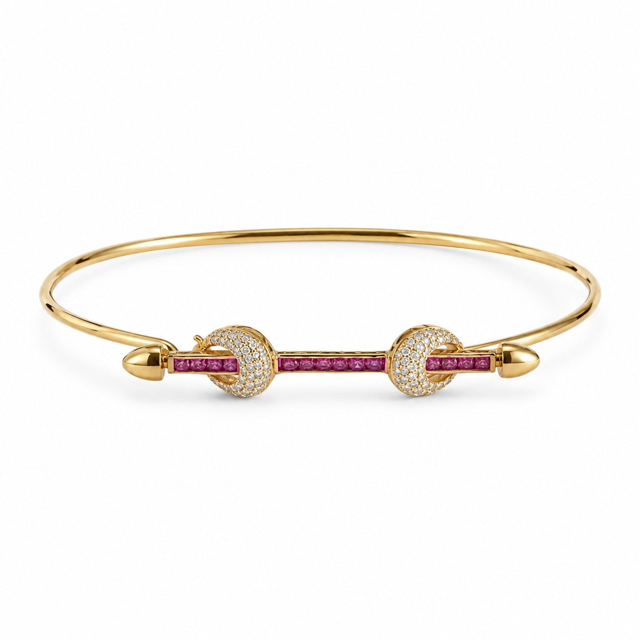 14K Gold Bangle with Pink Sapphire Bar and Diamond Knots