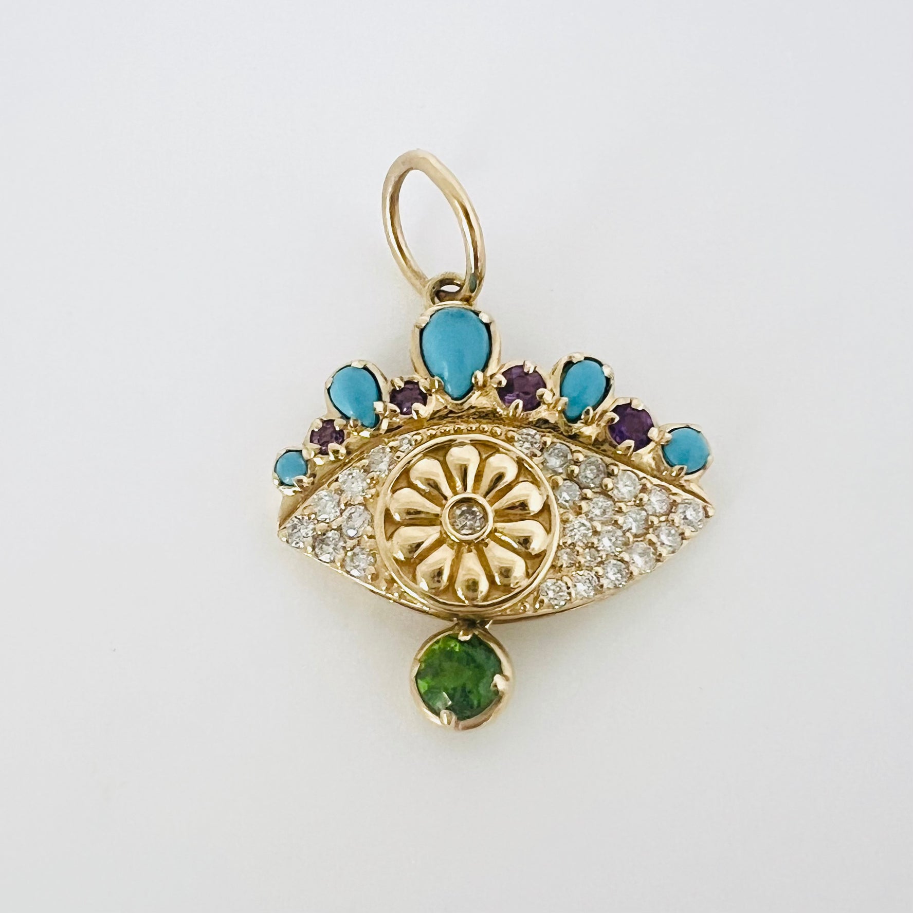 14 k gold with diamond, emerald, amethyst and turquoise evil eye pendant