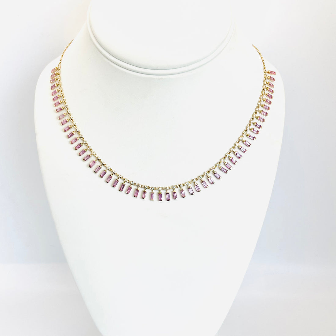 14k gold diamond and pink sapphire baguette necklace