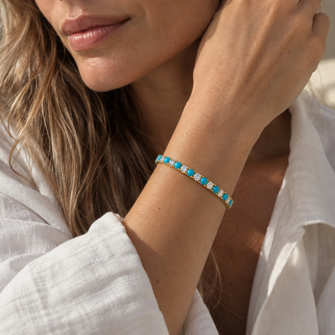 14K Gold Diamond & Turquoise Flexible Tennis Bracelet