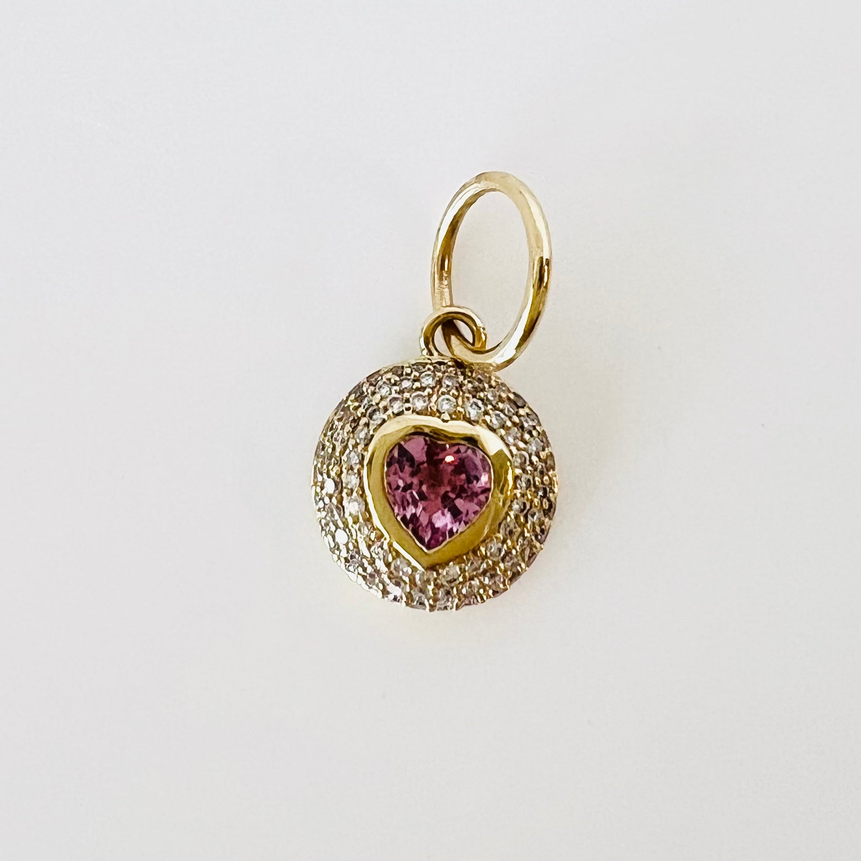 14k gold and diamond pendant/charm with pink sapphire heart