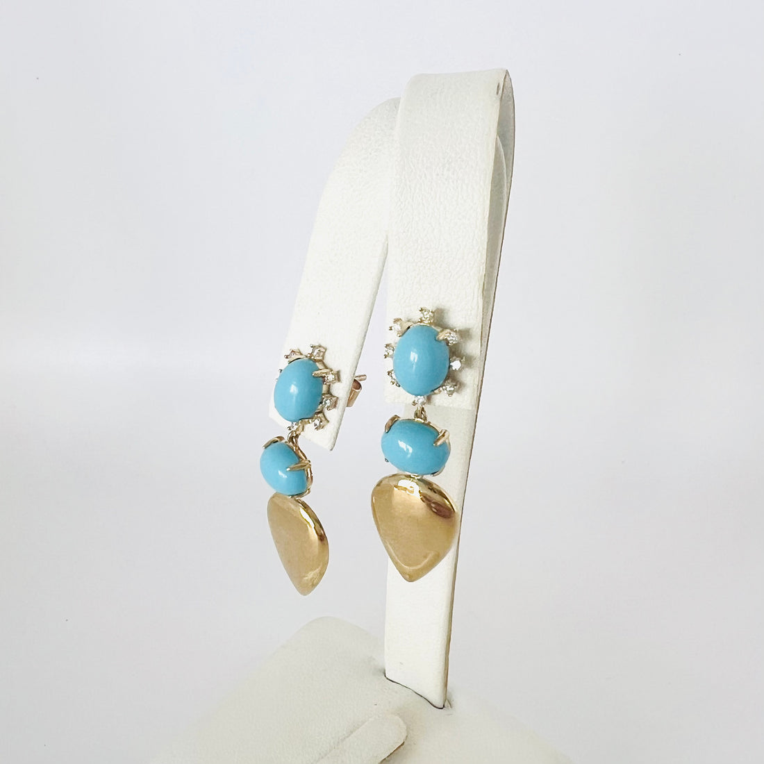 14k gold diamond and turquoise mixed shape drop earrings