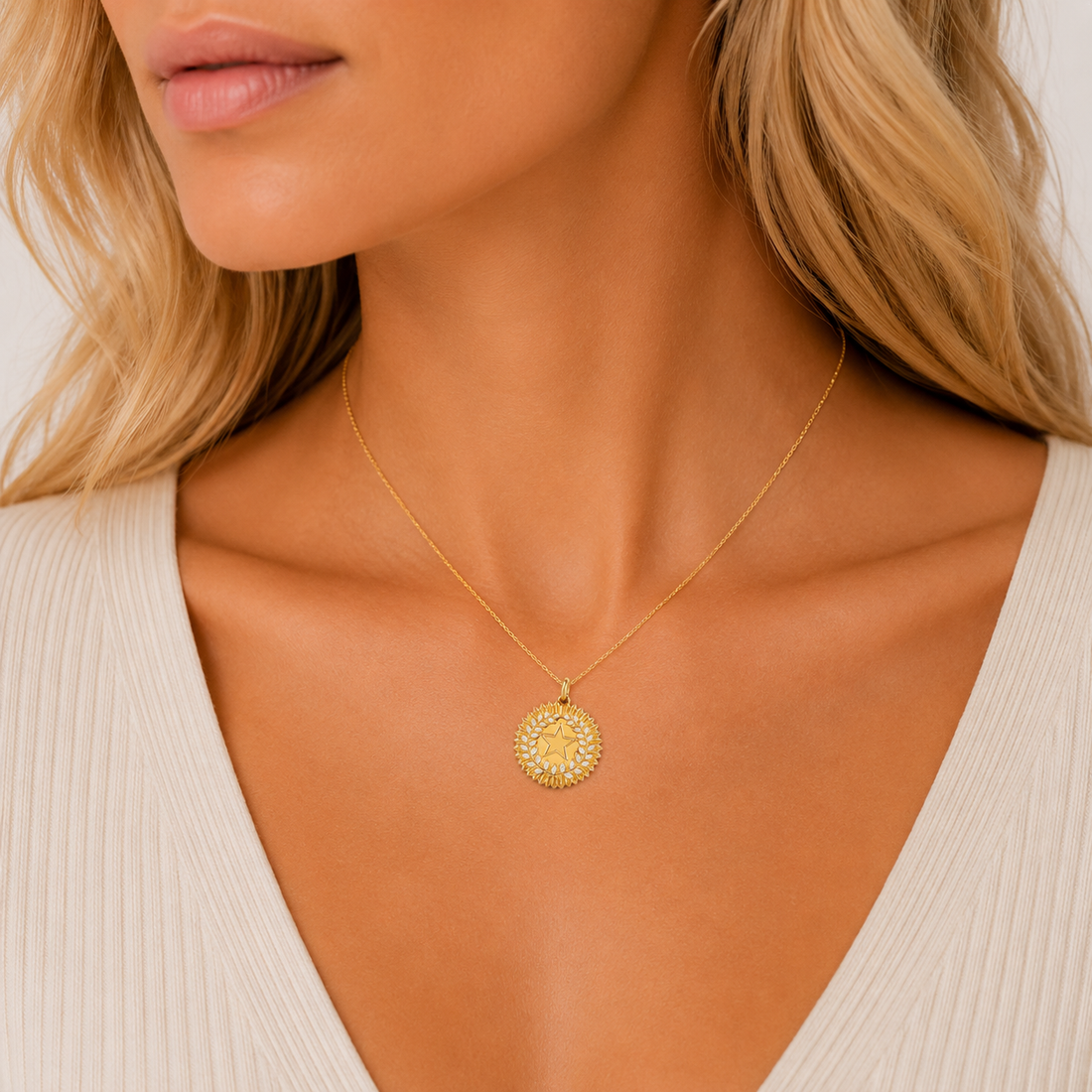 14K Yellow & White Gold Star Medallion Pendant
