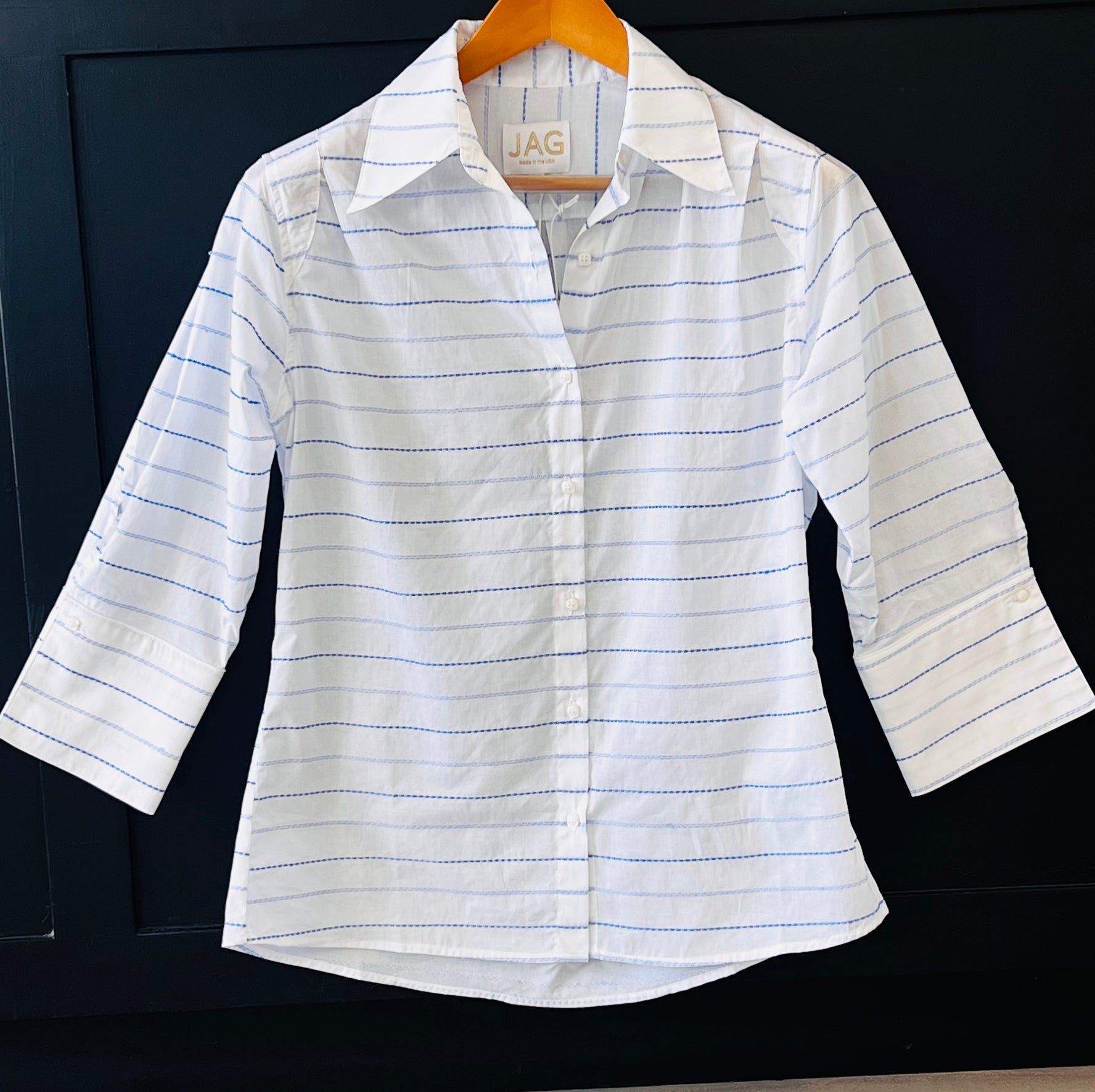 the HATTIE top in horizontal blue embroidery